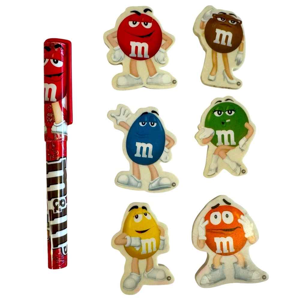 M&Ms World set 6 erasers & pen collectible